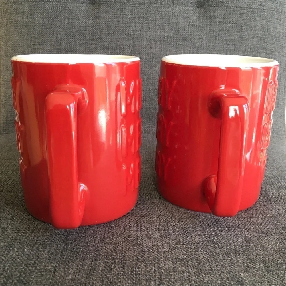 Set/2 “MERRY MERRY MERRY” Coffee Mugs, Red, White, 16 oz
